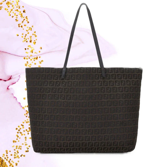 Authentic FENDI Dark Brown Black Zucchino Canvas Tote Shoulder Bag