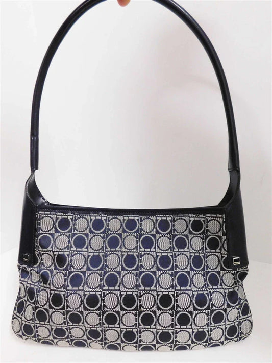 Salvatore Ferragamo Navy Blue Gray Logo Canvas Leather Small Hobo Shoulder Bag
